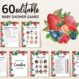 Paquete de juegos editables para baby shower con dulces frutos rojos, paquete de juegos para baby shower con fresas y arándanos, juegos para baby shower con frutos rojos, BBS667