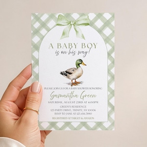 Faire-part de baby shower modifiable pour bébé garçon canard colvert, baby shower de canard, invitation de baby shower de canard chasse garçon, BBS960 image 1