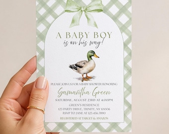 Editable Baby Boy Mallard Duck Baby Shower Invitation, Duck Baby Shower Invite, Boy Hunting Duck Baby Shower Invite, BBS960