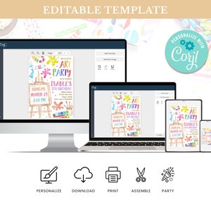 May include: Editable template for an art party invitation. The invitation features a colorful paint splattered background with an easel, paintbrushes, and paint tubes. The text on the invitation reads "Art Party" and "Isabel's 5th Birthday".