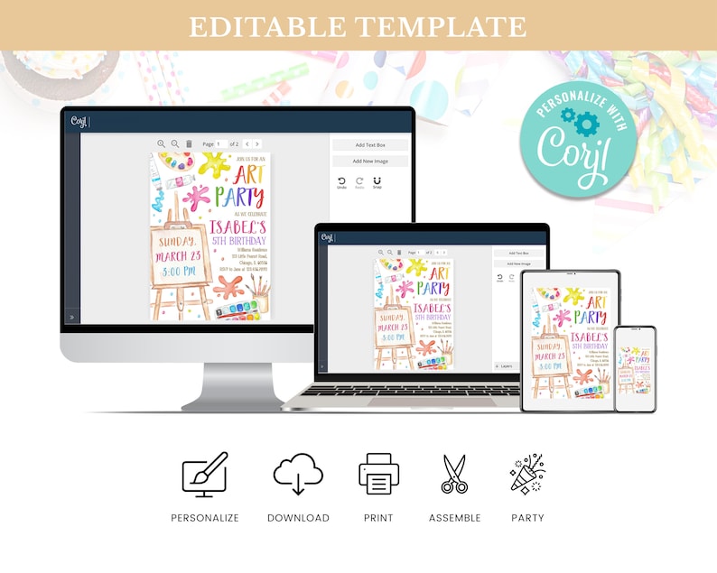 May include: Editable template for an art party invitation. The invitation features a colorful paint splattered background with an easel, paintbrushes, and paint tubes. The text on the invitation reads "Art Party" and "Isabel's 5th Birthday".