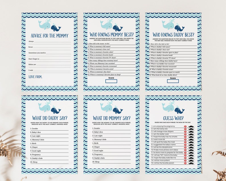Editable Whale Baby Shower Game Bundle Blue Whale Baby Shower Etsy