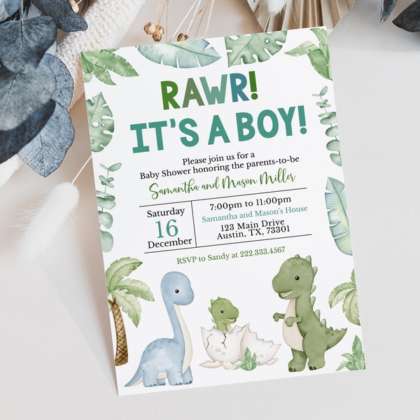 Editable Dinosaur Baby Shower Invitation, It's a Boy Dinosaur Baby Shower Invite, Boy Dinosaur Baby Shower, Boho Dinosaur, BBS587