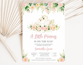 Bearbeitbare Schwan-Babypartyeinladung, kleine Prinzessin-Babypartyeinladung, rosa Blumenschwan-Babypartyeinladungsvorlage, BBS678