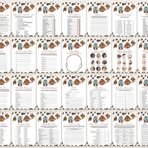 May include: A set of 18 printable baby shower games with a cow print background. The games include "Baby Shower Around the World", "Guess the Baby Food", "Baby on the Belly", "What Did Mommy Say?", "Baby Word Match", and more.