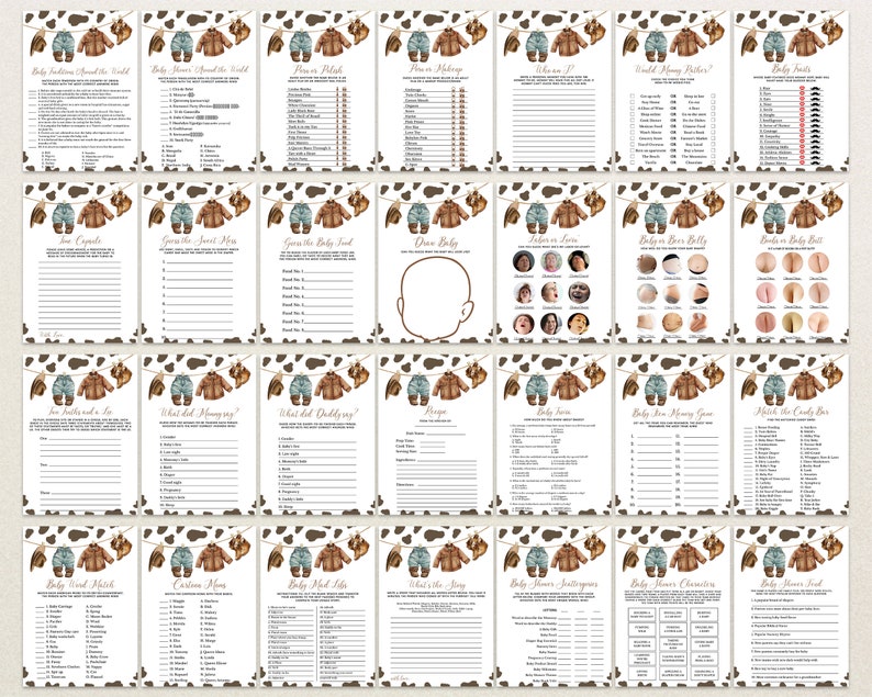 May include: A set of 18 printable baby shower games with a cow print background. The games include "Baby Shower Around the World", "Guess the Baby Food", "Baby on the Belly", "What Did Mommy Say?", "Baby Word Match", and more.