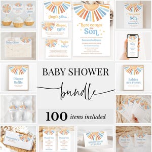 Editable Sunshine Baby Shower Bundle, Here Comes the Son Shower Invitation Pack, Boy Sonshine Shower Games, Boho Sunshine Package, BBS398