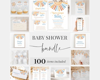 Editable Sunshine Baby Shower Bundle, Here Comes the Son Shower Invitation Pack, Boy Sonshine Shower Games, Boho Sunshine Package, BBS398