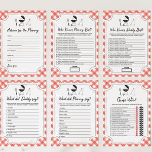 May include: A set of printable baby shower game cards with a red and white gingham pattern. The cards feature a barbecue theme with a grill and utensils. The games include "Advice for the Mommy", "Who Knows Mommy Best?", "Who Knows Daddy Best?", "What Did Daddy Say?", "What Did Mommy Say?", and "Guess Who?"