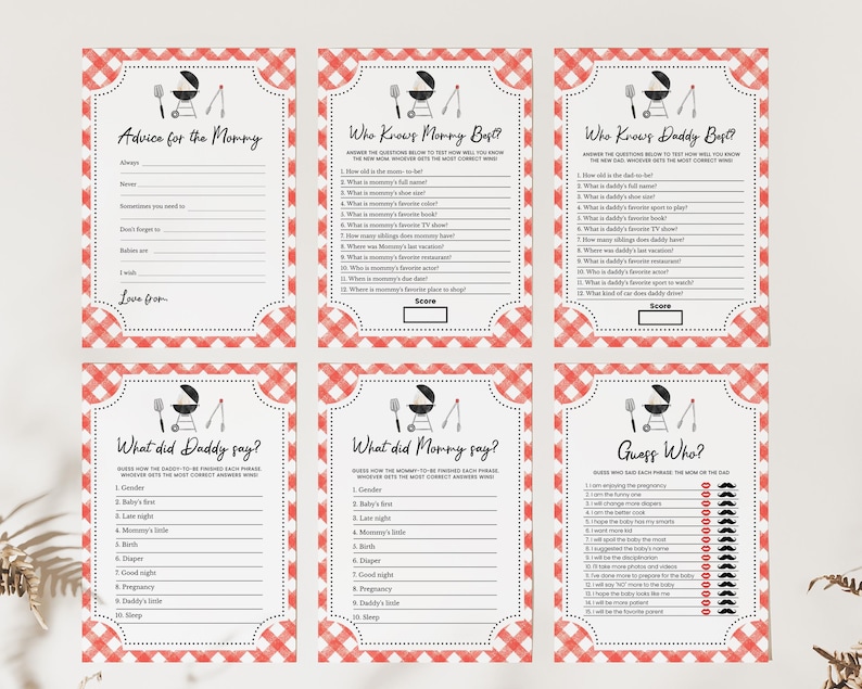 May include: A set of printable baby shower game cards with a red and white gingham pattern. The cards feature a barbecue theme with a grill and utensils. The games include "Advice for the Mommy", "Who Knows Mommy Best?", "Who Knows Daddy Best?", "What Did Daddy Say?", "What Did Mommy Say?", and "Guess Who?"