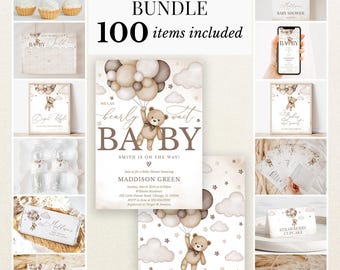 Bewerkbaar genderneutraal babyshowerpakket met beertjesmotief, uitnodigingspakket voor de babyshower met de tekst "We kunnen bijna niet wachten", bruin boho babyshowerspelletjespakket met beertjesmotief, BBS391