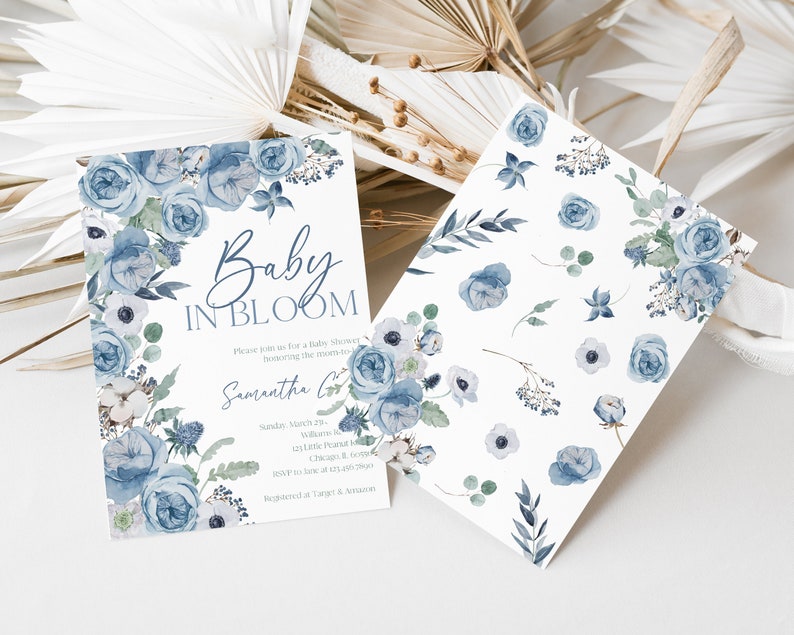 May include: Blue and white floral baby shower invitation with the text "Baby in Bloom" and the name "Samantha Cor". The invitation includes the date, time, and location of the shower.