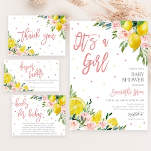 Editable Lemon It&#39;s a Girl Baby Shower Invitation Bundle, Pink Floral Lemon Baby Shower Invite, Girl Lemon Baby Shower Invite, BBS698
