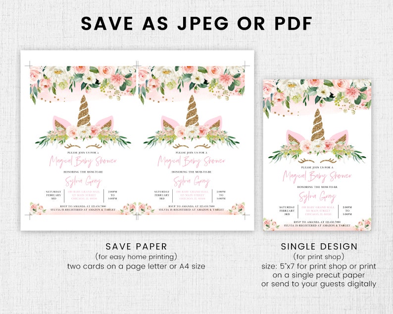 Editable Unicorn Baby Shower Invitation Bundle Floral Unicorn Etsy