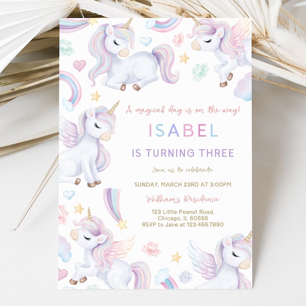 Editable Unicorn Birthday Invitation, Rainbow Pink Purple Unicorn Birthday Invite, Purple Pink Pastel Unicorn Birthday Invite, BRT104