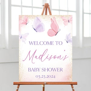 Panneau de bienvenue modifiable de douche de bébé de papillon violet rose, affiche de douche de bébé de papillon de bébé de fille pastel, décor de papillon d’or rose, BBS626