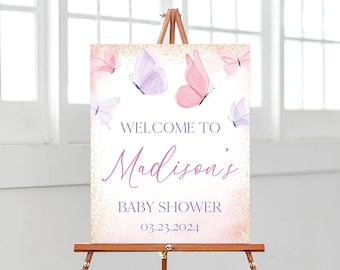 Puede incluir: Bienvenido a la Baby Shower de Madison, cartel con diseño de mariposa acuarela rosa y morada y fondo de purpurina dorada. La fecha de la fiesta es el 03.23.2024.