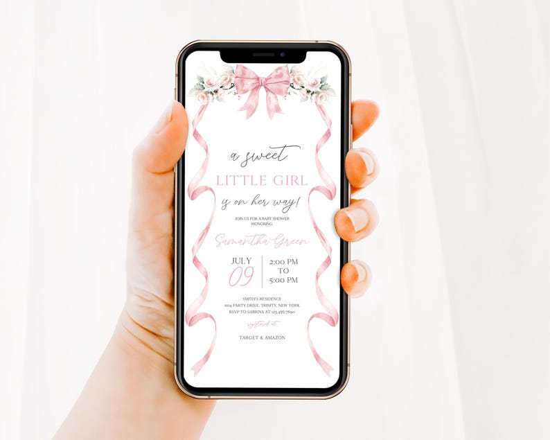 May include: A pink and white baby shower invitation with a pink bow and floral design. The text reads "a sweet little girl is on her way!" and includes the date and time of the event.