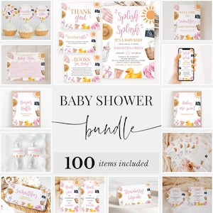 Bearbeitbares Splish Splash Baby Bash Girl Babyparty Bundle, Mädchen Sommer Einladungspaket, Pink Beach Sommerdusche Spiele Paket, BBS706