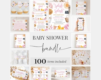 Editable Splish Splash Baby Bash Girl Baby Shower Bundle, Girl Summer Invitation Pack, Pink Beach Summer Shower Games Package, BBS706