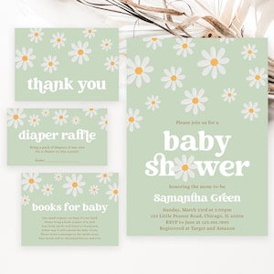 Bearbeitbares Daisy Babypartyeinladungspaket, Boho Daisy Babypartyeinladung, Boho Daisy Babypartyeinladung, grünes Gänseblümchen, BBS382