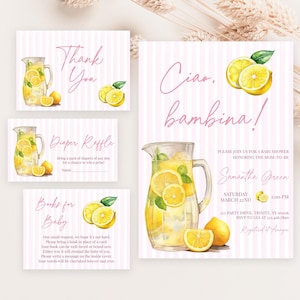 Editable Ciao Bambina Lemon Baby Shower Invitation Bundle, Pink Lemonade Baby Shower Invite, Lemon Citrus Baby Shower Invite BBS1012