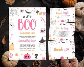 Editable Pink A Little Boo Baby Shower Invitation Bundle, Girl Halloween Baby Shower Invite, Ghost Halloween Baby Shower Invite, BBS427