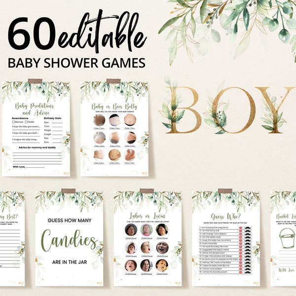 Editable It's a Boy Greenery Baby Shower Game Bundle, Boy Greenery Baby Shower Game Pack, Botanical Baby Shower Games, BBS635