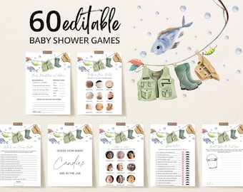 Editable A Little Fisherman Baby Shower Game Bundle, Boy Fishing Baby Shower Game Pack, Green Fishing Baby Shower Games, BBS687