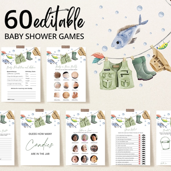 Editable A Little Fisherman Baby Shower Game Bundle, Boy Fishing Baby Shower Game Pack, Green Fishing Baby Shower Games, BBS687