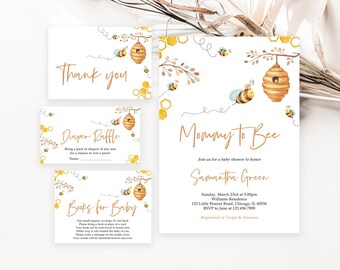May include: A set of four printable cards for a baby shower. The cards are decorated with a bee and honeycomb theme. The cards include a thank you card, a diaper raffle card, a books for baby card, and a mommy to bee invitation card. The invitation card includes the text "Mommy to Bee" and the name "Samantha Green".