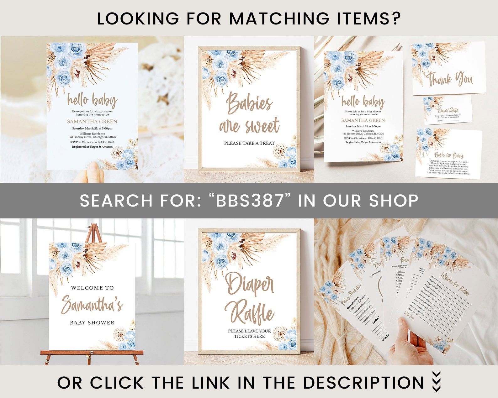 Editable Blue Pampas Grass Boho Baby Shower Invitation Bundle, Boy Boho ...
