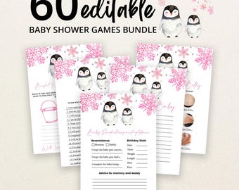 May include: A bundle of 60 editable baby shower game cards featuring watercolor illustrations of two penguins and pink snowflakes. The cards include text such as Baby Predictions and Advice, with lines for writing, and a white background throughout.
