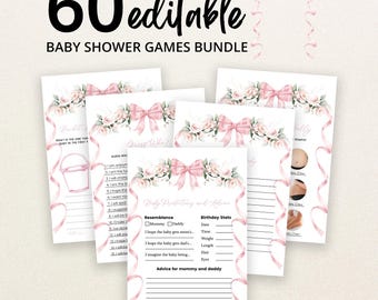 May include: A bundle of 60 editable baby shower game cards featuring a floral and pink bow design at the top. The cards include text such as Baby Predictions and Advice, Guess Who, and various prompts for guests to fill out with lines for writing.