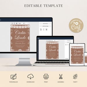 May include: An editable digital invitation template displayed on a desktop monitor, laptop, tablet, and smartphone. The brown invitation features white decorative borders, a banner graphic, and the text Cielito Lindo and Samantha Green.