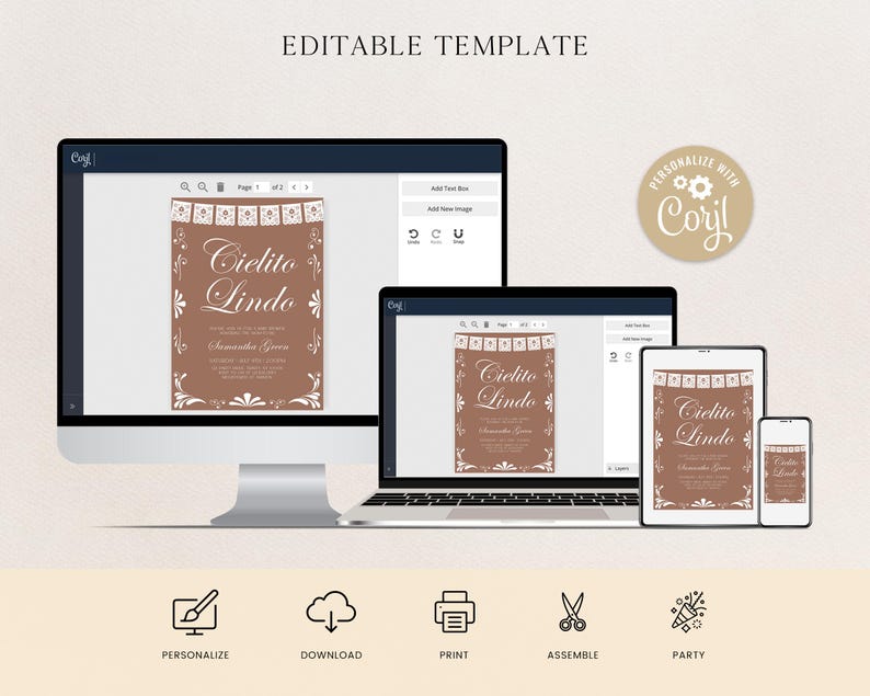 May include: An editable digital invitation template displayed on a desktop monitor, laptop, tablet, and smartphone. The brown invitation features white decorative borders, a banner graphic, and the text Cielito Lindo and Samantha Green.
