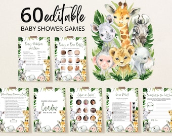 Editable Greenery Safari Jungle Baby Shower Game Bundle, Wild One Baby Shower Game Pack, Greenery Safari Animals Baby Shower Games, BBS339