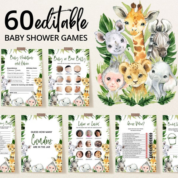 Lot de jeux de baby shower éditable Greenery Safari Jungle, Pack de jeux de baby shower Wild One, Jeux de baby shower de verdure animaux de safari, BBS339