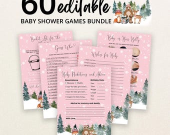 Op de afbeelding: Een bundel van 60 bewerkbare babyshower-spelkaarten met een roze achtergrond, witte sneeuwvlokken en aquarel bosdieren zoals een beer, vos en hert. De kaarten bevatten titels zoals Bucket List, Guess Who en Baby Predictions and Advice.