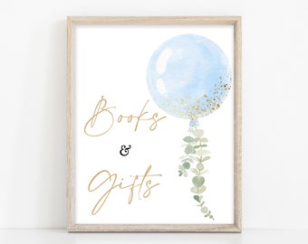 Books and Gifts Sign Oh Boy Baby Shower, Blue Balloon Baby Shower Gifts Table Sign, Blue Boy Eucalyptus Baby Shower Decoration, BBS326