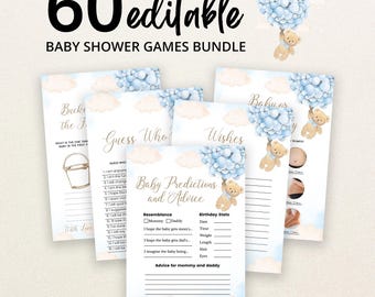 May include: A bundle of baby shower game cards featuring a teddy bear holding a cluster of light blue balloons. The cards include text such as 60 editable baby shower games bundle, Guess Who, Wishes, and Baby Predictions and Advice with lines for writing.