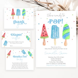 Editable She's Ready to Pop Baby Shower Invitation Bundle, Blue Popsicle Baby Shower Invite,Boy Summer Baby Shower,Sweets Baby Shower,BBS380