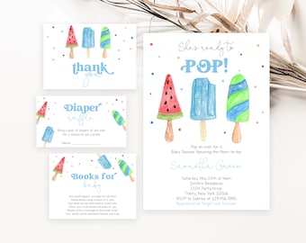Editable She's Ready to Pop Baby Shower Invitation Bundle, Blue Popsicle Baby Shower Invite,Boy Summer Baby Shower,Sweets Baby Shower,BBS380