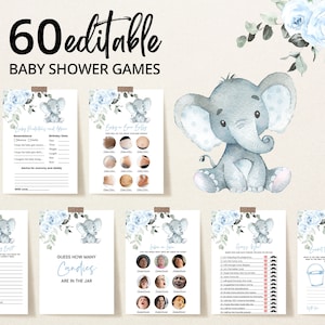 Editable Elephant Baby Shower Game Bundle, Blue Floral Elephant Baby Shower Games, Floral Elephant Baby Shower Activities, BBS259