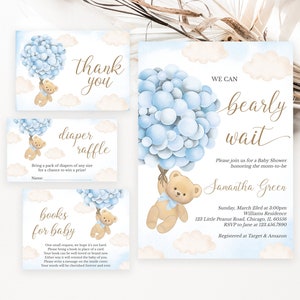 Lot d'invitations modifiables pour baby shower ours bleu ballon, invitation baby shower we can Bearly Wait, baby shower garçon ours ballon bleu, BBS753
