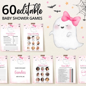 Bewerkbare roze A Little Boo-babyshowerspelbundel, meisjes Halloween-babyshowergamepakket, Ghost Halloween-babyshowergames, BBS451