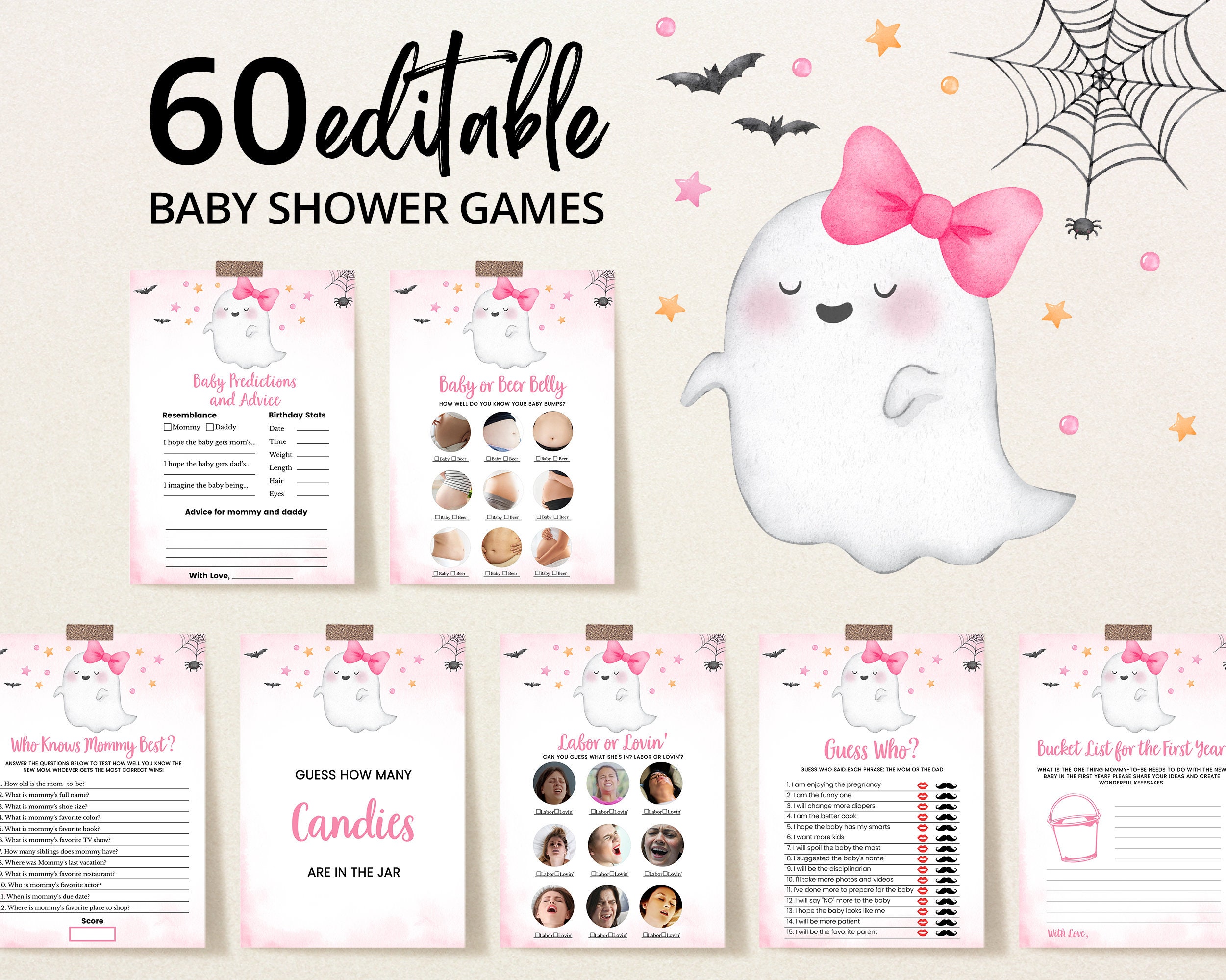 Editable Pink A Little Boo Baby Shower Game Bundle, Girl Halloween Baby Shower Game Pack, Ghost Halloween Baby Shower Games, BBS451