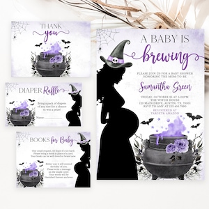 Editable A Baby is Brewing Purple Halloween Baby Shower Invitation Bundle, Girl Halloween Baby Shower Invite, Witch Baby Shower, BBS432