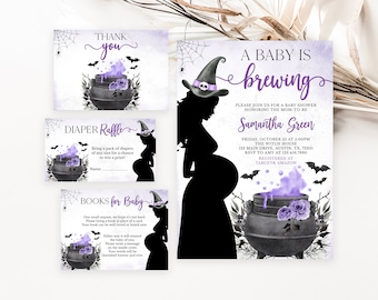 Editable A Baby is Brewing Purple Halloween Baby Shower Invitation Bundle, Girl Halloween Baby Shower Invite, Witch Baby Shower, BBS432