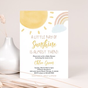 Bearbeitbare Sonnenschein-Babyparty-Einladung, ein kleiner Sonnenstrahl-Babyparty-Einladung, Mädchen-Sonnen-Babyparty, Boho Sonnenschein-Dusche, BBS315